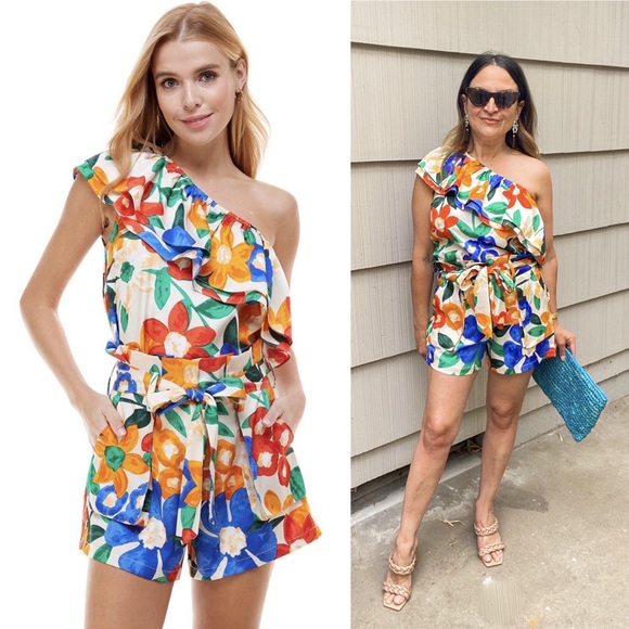 NWT TCEC Top & Short Set Tropical -Off Shoulder Top Ruffle High Waisted Shorts - Picture 6 of 7